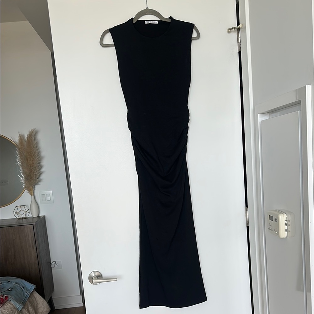 Zara Black Ruched Mock Neck Maxi Dress